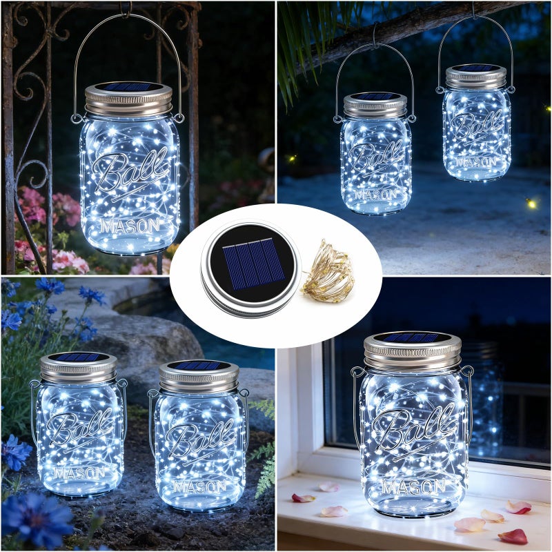 VOOKRY 6 Pack Solar Mason Jar Lights, 30 LED Mason Jar Lids Waterproof Firefly Fairy String Lights with 6 Hangers(No Jars), for Outdoor Patio Garden Yard Lawn Party Wedding Decoration - Cool White - Image 3